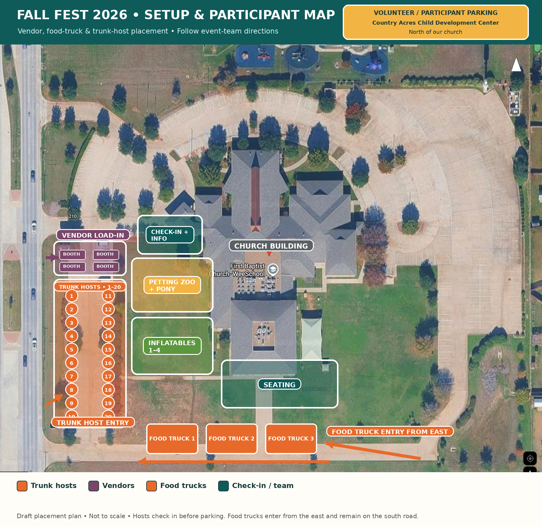 Fall Fest 2026 participant map showing participant parking, check-in, vendor, trunk-or-treat, petting zoo, carnival game, picnic, food truck, restroom, entrance, and exit locations